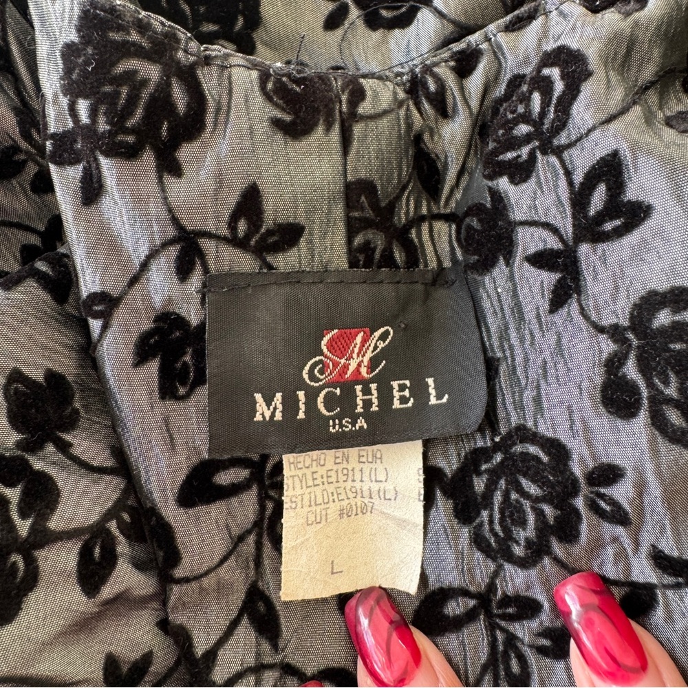 Michel USA Vintage Black Flocked Floral Sheer Sleeve Blouse L - Picture 3 of 10